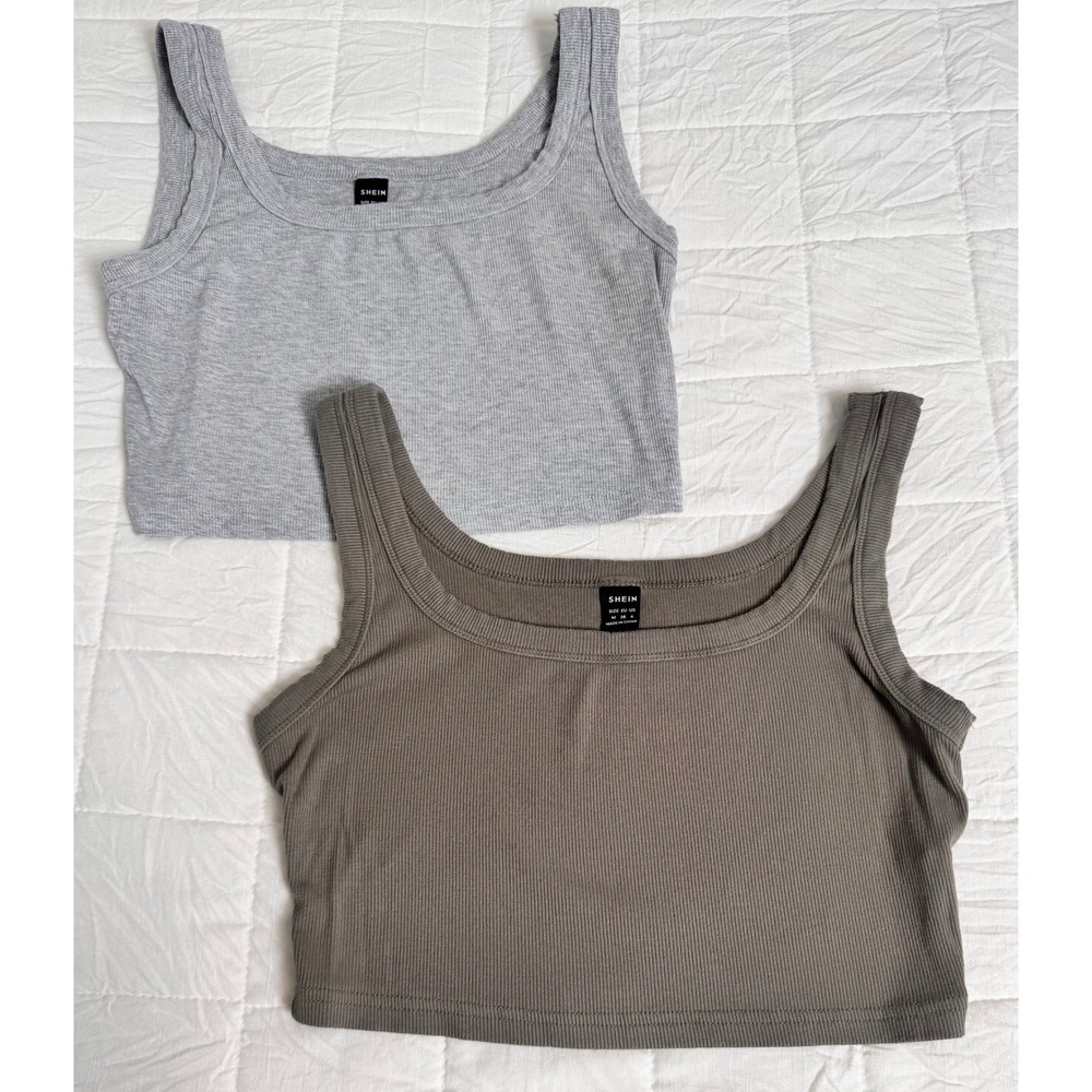 Ribbed Knit Crop Tank Top Set 2pk Gray Green Medium‎ US 6 Scoop Neck